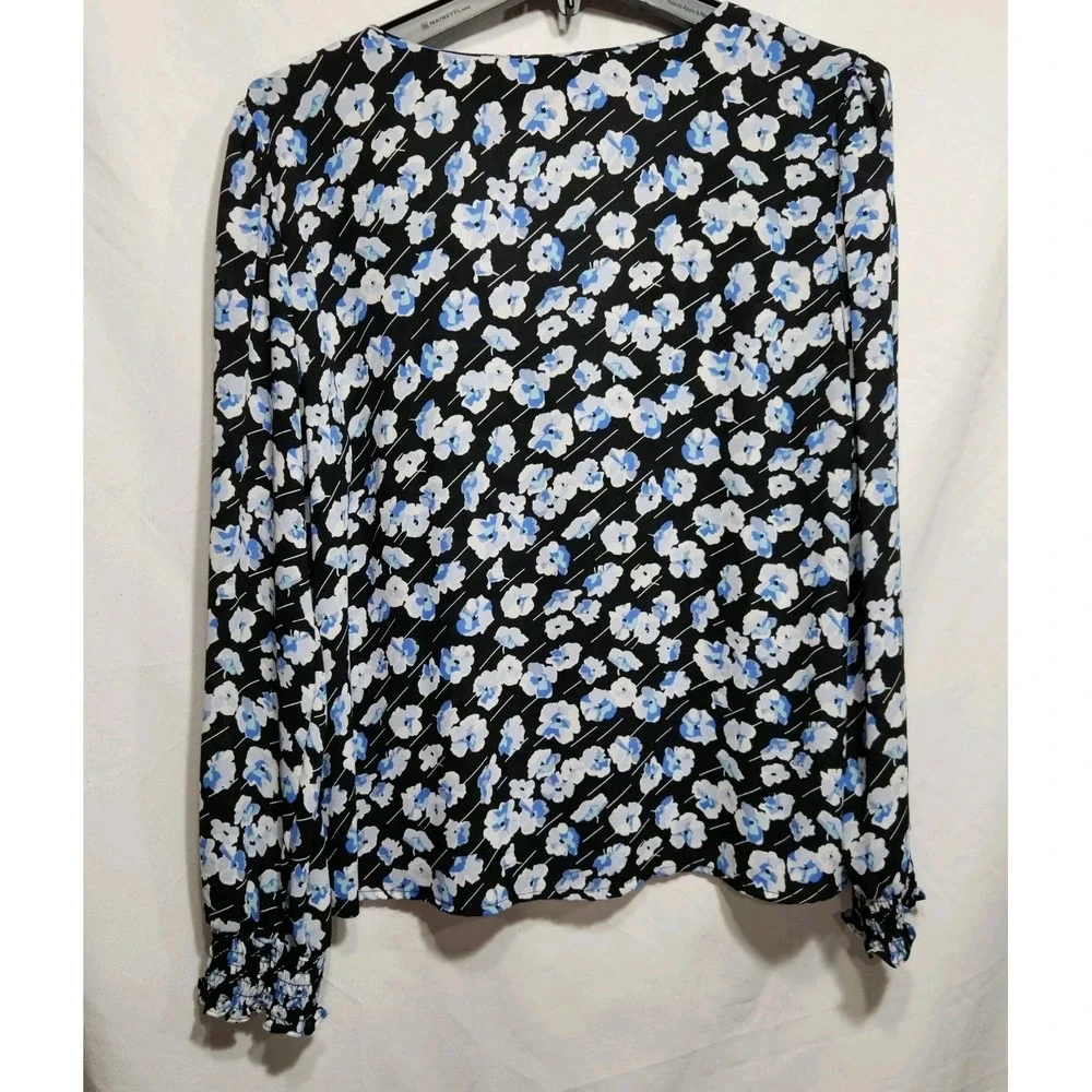 J. Crew Floral Print‎ Long Sleeve V-Neck Button Down Blouse Blue White Size 12